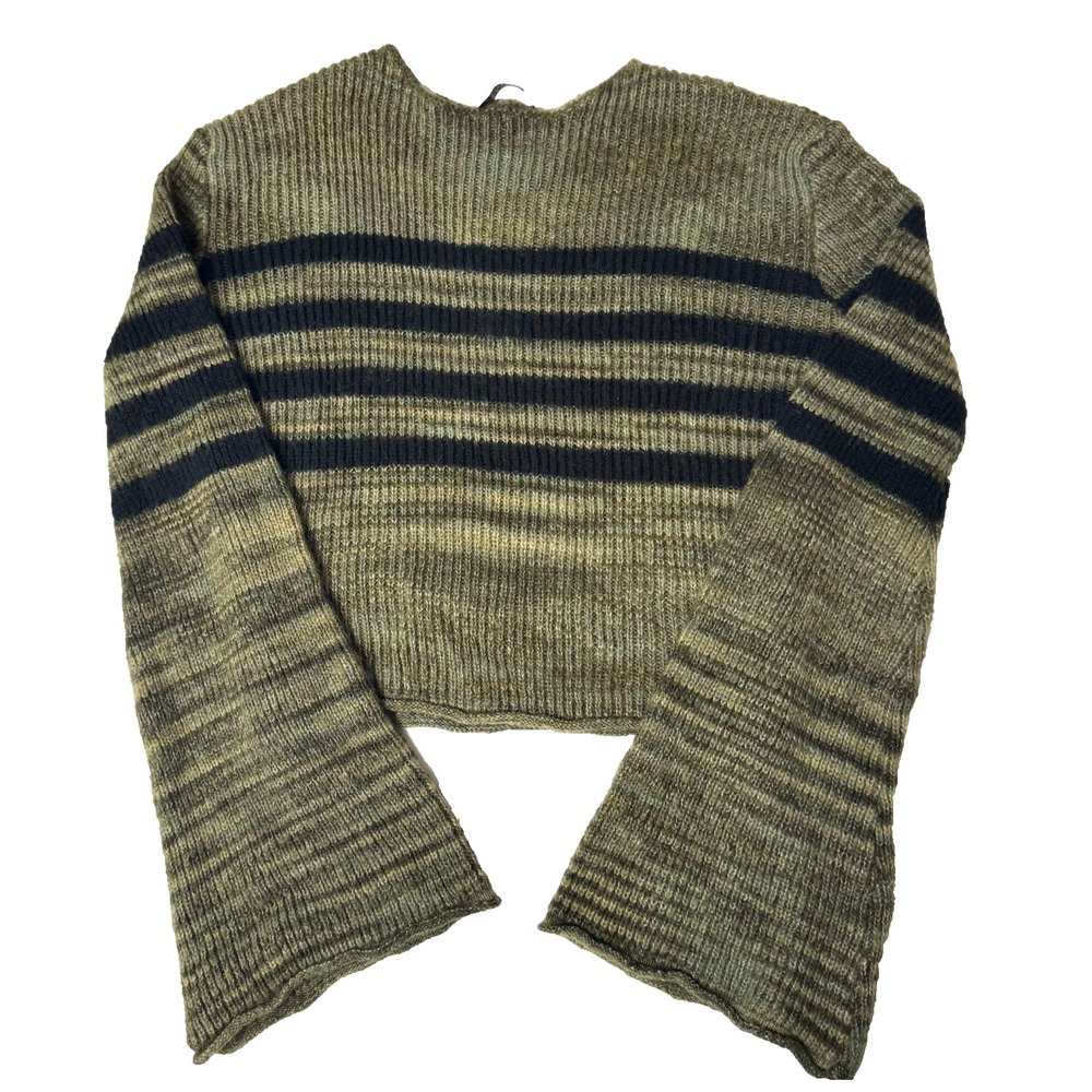 Social Collision Sweater Women L Green Black Stripe Bell Sleeve Y2K Grunge Goth
